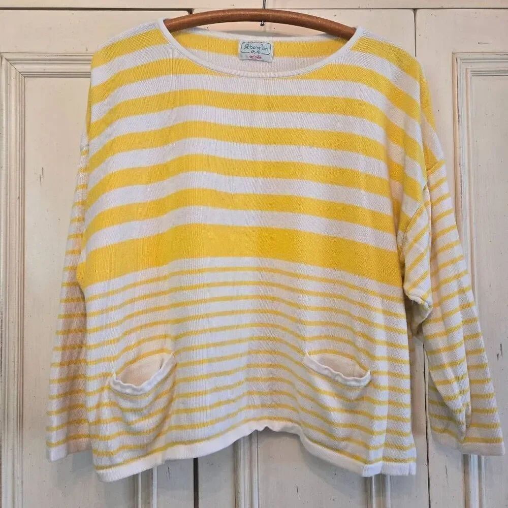 Benetton Yellow White Striped Sweater with Pockets Large